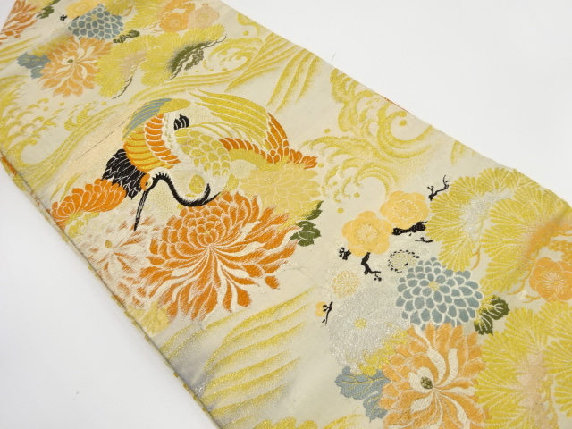 JAPANESE KIMONO / ANTIQUE NAGOYA OBI / WOVEN CRANE & FLOWER ROUNDEL